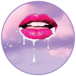 pink lips, dripping saliva, purple clouds